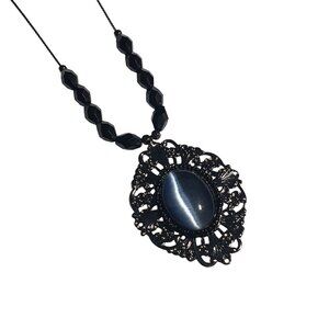 Black Filigree Necklace Midnight Blue Oval Pendant Glass Bead Chain Elegant Gift